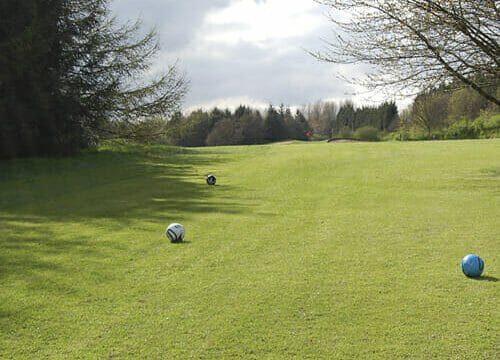 Footballs lined up on the Footgolf course
